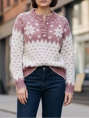 Handcrafted Pink and Cream Hand Knit Wool Blend Snowflake Coastal Sweater Sz S